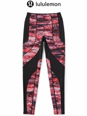 Lululemon Sculpted Panel Leggings Size 4  Black & Pink Print 11.5"x38" Gym Yoga
